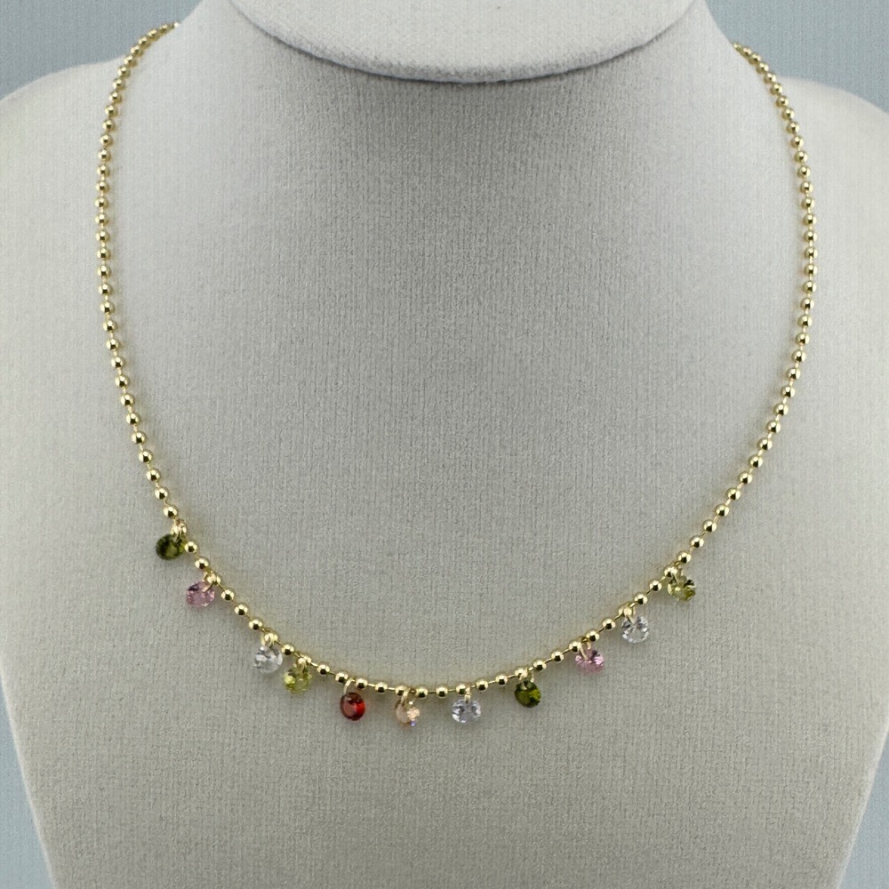 Gold Tone Multi Color Crystal Charm Ball Chain Necklace Adjustable Lobster Clasp - Picture 3 of 4